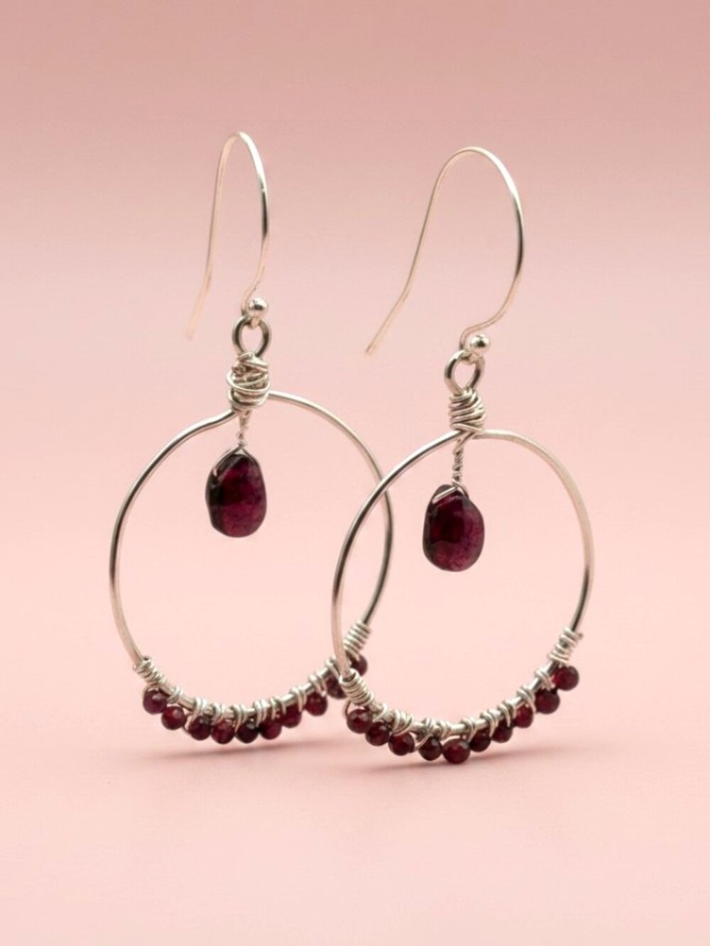 Silver Hoops With Garnet Accents, January Birthstone